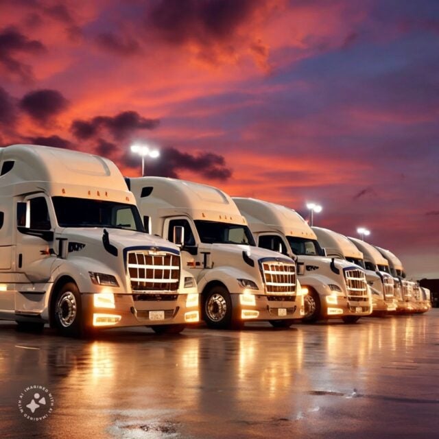 Image of semi trailers parked at sunset by Imagine with Meta AI