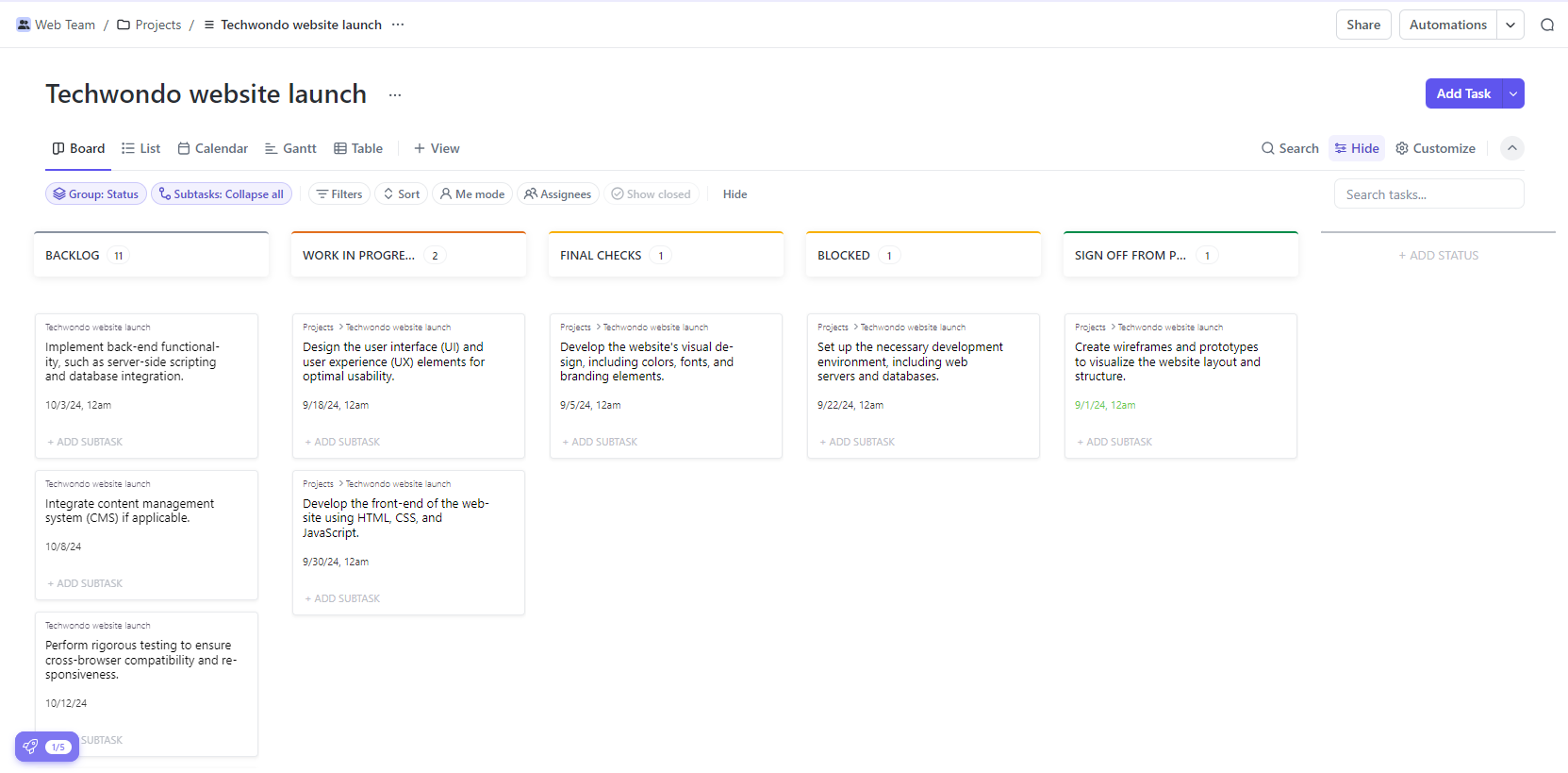 ClickUp's kanban board view