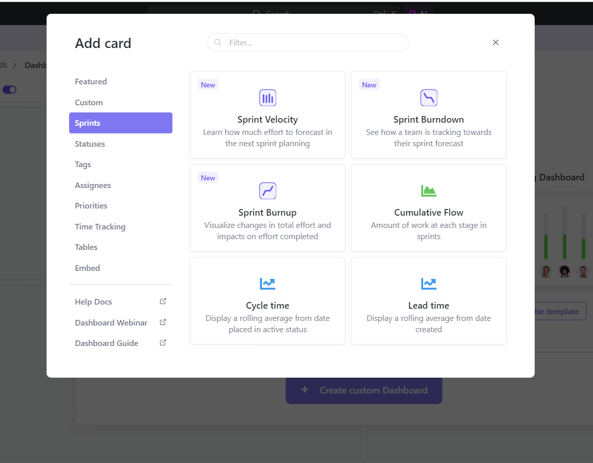 clickup dashboard options for sprint teams