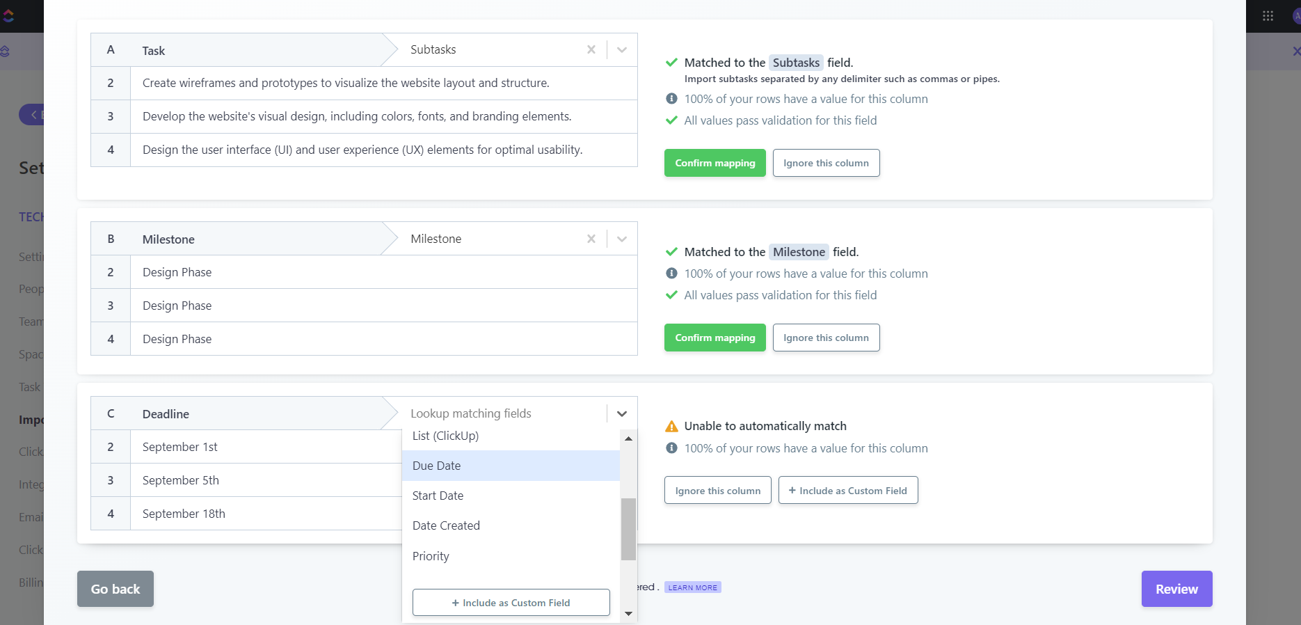 Importing projec data into clickup. during tech.co's testing process.