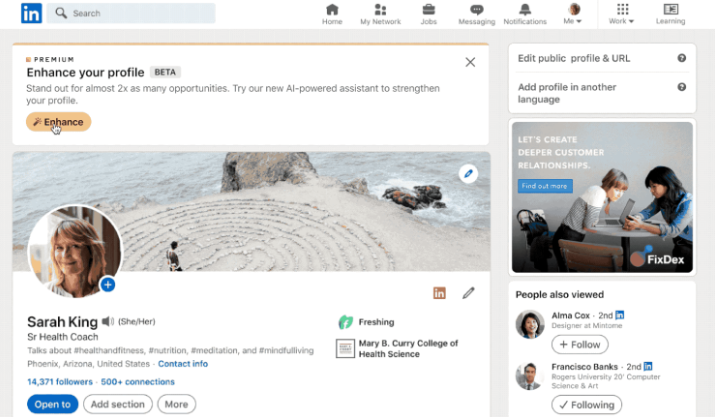 The LinkedIn Profile page with Enhance button