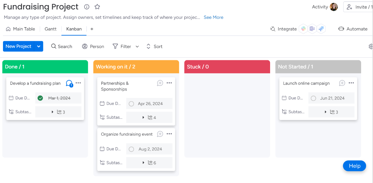 monday.com's kanban interface