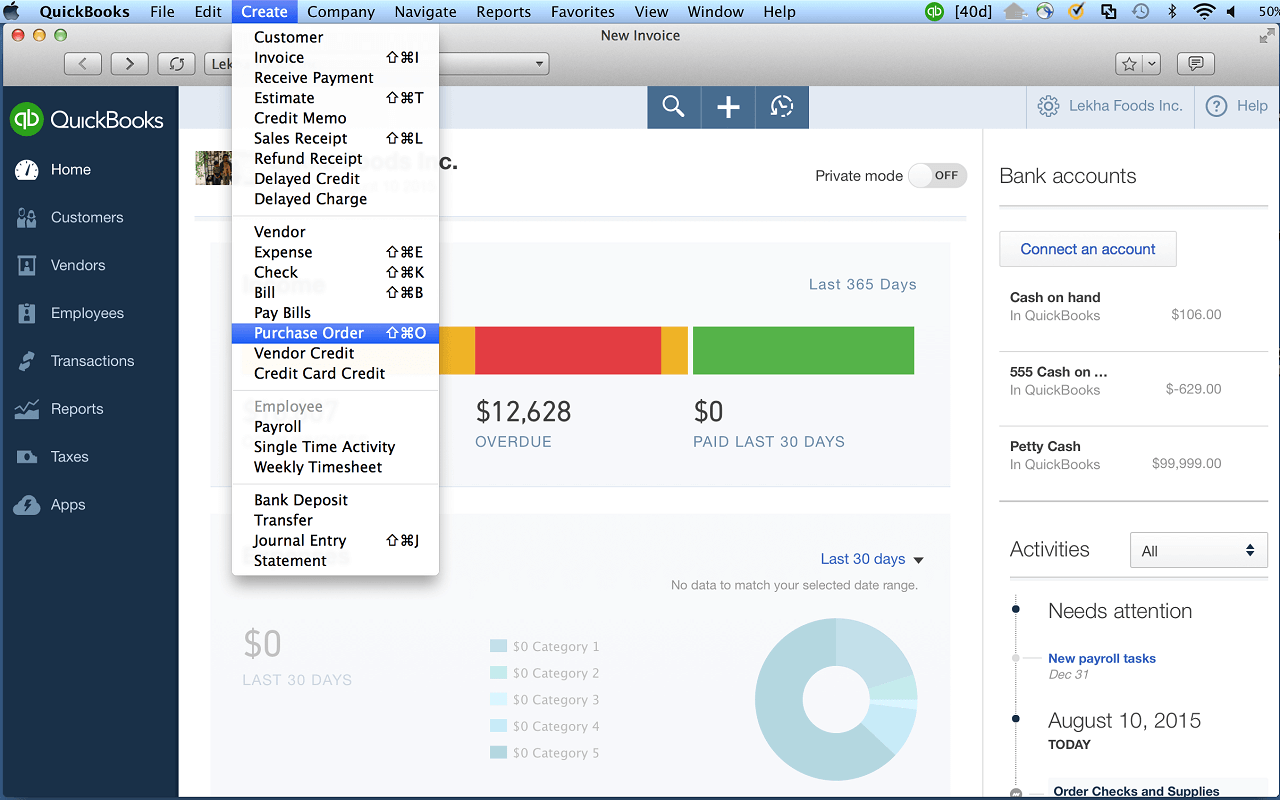 QuickBooks dashboard