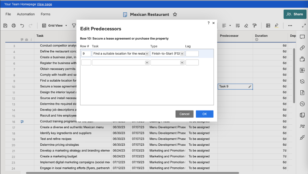 smartsheet drawing a task depdency